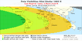 HilalMap: Peta Visibilitas Hilal Shafar 1460 H: rukyat tanggal 2038-3-6 M