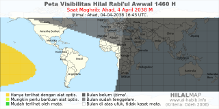 HilalMap: Peta Visibilitas Hilal Rabiul-Awwal 1460 H: rukyat tanggal 2038-4-4 M