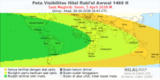 HilalMap: Peta Visibilitas Hilal Rabiul-Awwal 1460 H: rukyat tanggal 2038-4-5 M