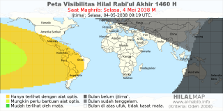 HilalMap: Peta Visibilitas Hilal Rabiul-Akhir 1460 H: rukyat tanggal 2038-5-4 M