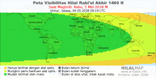 HilalMap: Peta Visibilitas Hilal Rabiul-Akhir 1460 H: rukyat tanggal 2038-5-5 M
