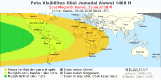HilalMap: Peta Visibilitas Hilal Jumadal-Awwal 1460 H: rukyat tanggal 2038-6-3 M