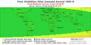 HilalMap: Peta Visibilitas Hilal Jumadal-Awwal 1460 H: rukyat tanggal 2038-6-4 M