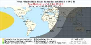 HilalMap: Peta Visibilitas Hilal Jumadal-Akhirah 1460 H: rukyat tanggal 2038-7-2 M