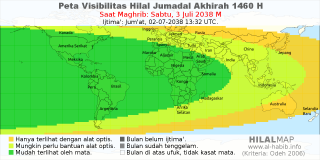 HilalMap: Peta Visibilitas Hilal Jumadal-Akhirah 1460 H: rukyat tanggal 2038-7-3 M