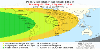 HilalMap: Peta Visibilitas Hilal Rajab 1460 H: rukyat tanggal 2038-8-1 M