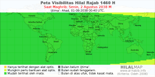 HilalMap: Peta Visibilitas Hilal Rajab 1460 H: rukyat tanggal 2038-8-2 M