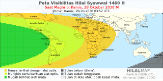 HilalMap: Peta Visibilitas Hilal Syawwal 1460 H: rukyat tanggal 2038-10-28 M