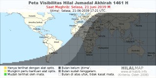 HilalMap: Peta Visibilitas Hilal Jumadal-Akhirah 1461 H: rukyat tanggal 2039-6-21 M