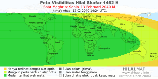 HilalMap: Peta Visibilitas Hilal Shafar 1462 H: rukyat tanggal 2040-2-13 M