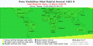HilalMap: Peta Visibilitas Hilal Rabiul-Awwal 1462 H: rukyat tanggal 2040-3-14 M
