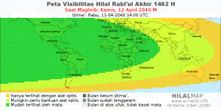 HilalMap: Peta Visibilitas Hilal Rabiul-Akhir 1462 H: rukyat tanggal 2040-4-12 M