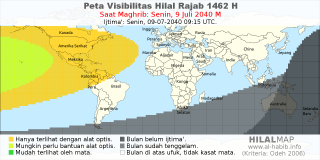 HilalMap: Peta Visibilitas Hilal Rajab 1462 H: rukyat tanggal 2040-7-9 M