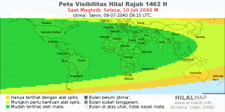 HilalMap: Peta Visibilitas Hilal Rajab 1462 H: rukyat tanggal 2040-7-10 M
