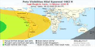 HilalMap: Peta Visibilitas Hilal Syawwal 1462 H: rukyat tanggal 2040-10-6 M