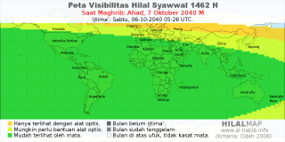 HilalMap: Peta Visibilitas Hilal Syawwal 1462 H: rukyat tanggal 2040-10-7 M