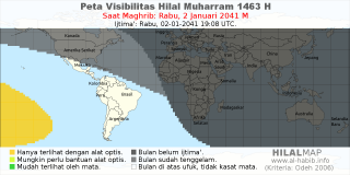 HilalMap: Peta Visibilitas Hilal Muharram 1463 H: rukyat tanggal 2041-1-2 M