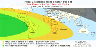 HilalMap: Peta Visibilitas Hilal Shafar 1463 H: rukyat tanggal 2041-2-1 M