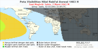 HilalMap: Peta Visibilitas Hilal Rabiul-Awwal 1463 H: rukyat tanggal 2041-3-2 M