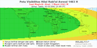HilalMap: Peta Visibilitas Hilal Rabiul-Awwal 1463 H: rukyat tanggal 2041-3-3 M