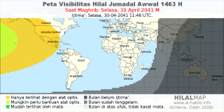 HilalMap: Peta Visibilitas Hilal Jumadal-Awwal 1463 H: rukyat tanggal 2041-4-30 M