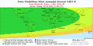 HilalMap: Peta Visibilitas Hilal Jumadal-Awwal 1463 H: rukyat tanggal 2041-5-1 M