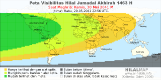 HilalMap: Peta Visibilitas Hilal Jumadal-Akhirah 1463 H: rukyat tanggal 2041-5-30 M