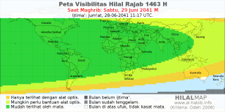 HilalMap: Peta Visibilitas Hilal Rajab 1463 H: rukyat tanggal 2041-6-29 M
