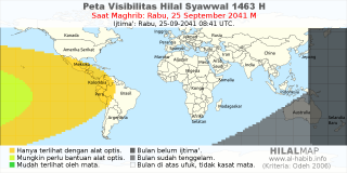 HilalMap: Peta Visibilitas Hilal Syawwal 1463 H: rukyat tanggal 2041-9-25 M