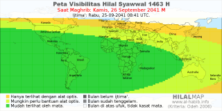 HilalMap: Peta Visibilitas Hilal Syawwal 1463 H: rukyat tanggal 2041-9-26 M