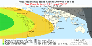 HilalMap: Peta Visibilitas Hilal Rabiul-Awwal 1464 H: rukyat tanggal 2042-2-20 M
