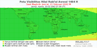 HilalMap: Peta Visibilitas Hilal Rabiul-Awwal 1464 H: rukyat tanggal 2042-2-21 M