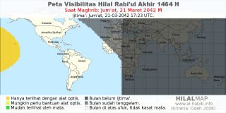 HilalMap: Peta Visibilitas Hilal Rabiul-Akhir 1464 H: rukyat tanggal 2042-3-21 M