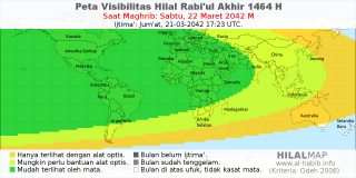 HilalMap: Peta Visibilitas Hilal Rabiul-Akhir 1464 H: rukyat tanggal 2042-3-22 M