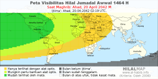 HilalMap: Peta Visibilitas Hilal Jumadal-Awwal 1464 H: rukyat tanggal 2042-4-20 M