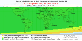HilalMap: Peta Visibilitas Hilal Jumadal-Awwal 1464 H: rukyat tanggal 2042-4-21 M
