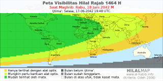 HilalMap: Peta Visibilitas Hilal Rajab 1464 H: rukyat tanggal 2042-6-18 M