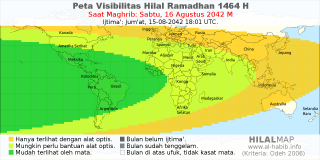 HilalMap: Peta Visibilitas Hilal Ramadhan 1464 H: rukyat tanggal 2042-8-16 M