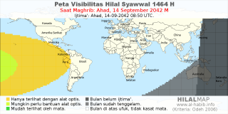 HilalMap: Peta Visibilitas Hilal Syawwal 1464 H: rukyat tanggal 2042-9-14 M