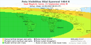 HilalMap: Peta Visibilitas Hilal Syawwal 1464 H: rukyat tanggal 2042-9-15 M