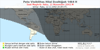 HilalMap: Peta Visibilitas Hilal Dzulhijjah 1464 H: rukyat tanggal 2042-11-12 M
