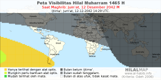 HilalMap: Peta Visibilitas Hilal Muharram 1465 H: rukyat tanggal 2042-12-12 M