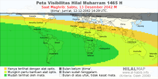HilalMap: Peta Visibilitas Hilal Muharram 1465 H: rukyat tanggal 2042-12-13 M