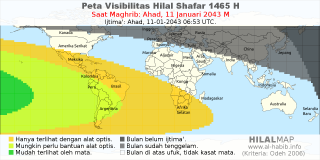 HilalMap: Peta Visibilitas Hilal Shafar 1465 H: rukyat tanggal 2043-1-11 M