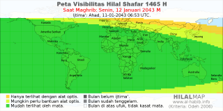 HilalMap: Peta Visibilitas Hilal Shafar 1465 H: rukyat tanggal 2043-1-12 M