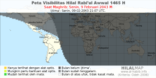 HilalMap: Peta Visibilitas Hilal Rabiul-Awwal 1465 H: rukyat tanggal 2043-2-9 M