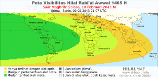 HilalMap: Peta Visibilitas Hilal Rabiul-Awwal 1465 H: rukyat tanggal 2043-2-10 M