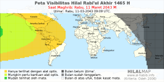 HilalMap: Peta Visibilitas Hilal Rabiul-Akhir 1465 H: rukyat tanggal 2043-3-11 M