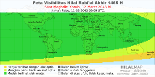 HilalMap: Peta Visibilitas Hilal Rabiul-Akhir 1465 H: rukyat tanggal 2043-3-12 M
