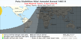 HilalMap: Peta Visibilitas Hilal Jumadal-Awwal 1465 H: rukyat tanggal 2043-4-9 M